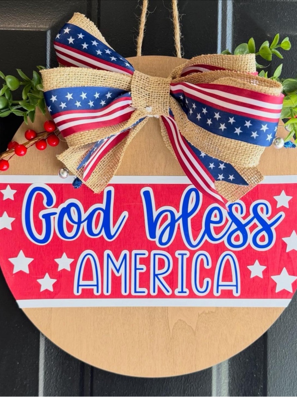 God Bless America Patriotic Red Wood Door Hanger with Bow